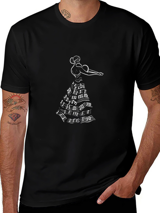 Musical Notes Flamenco Dancer Graphic Tee - Black Cotton T-Shirt