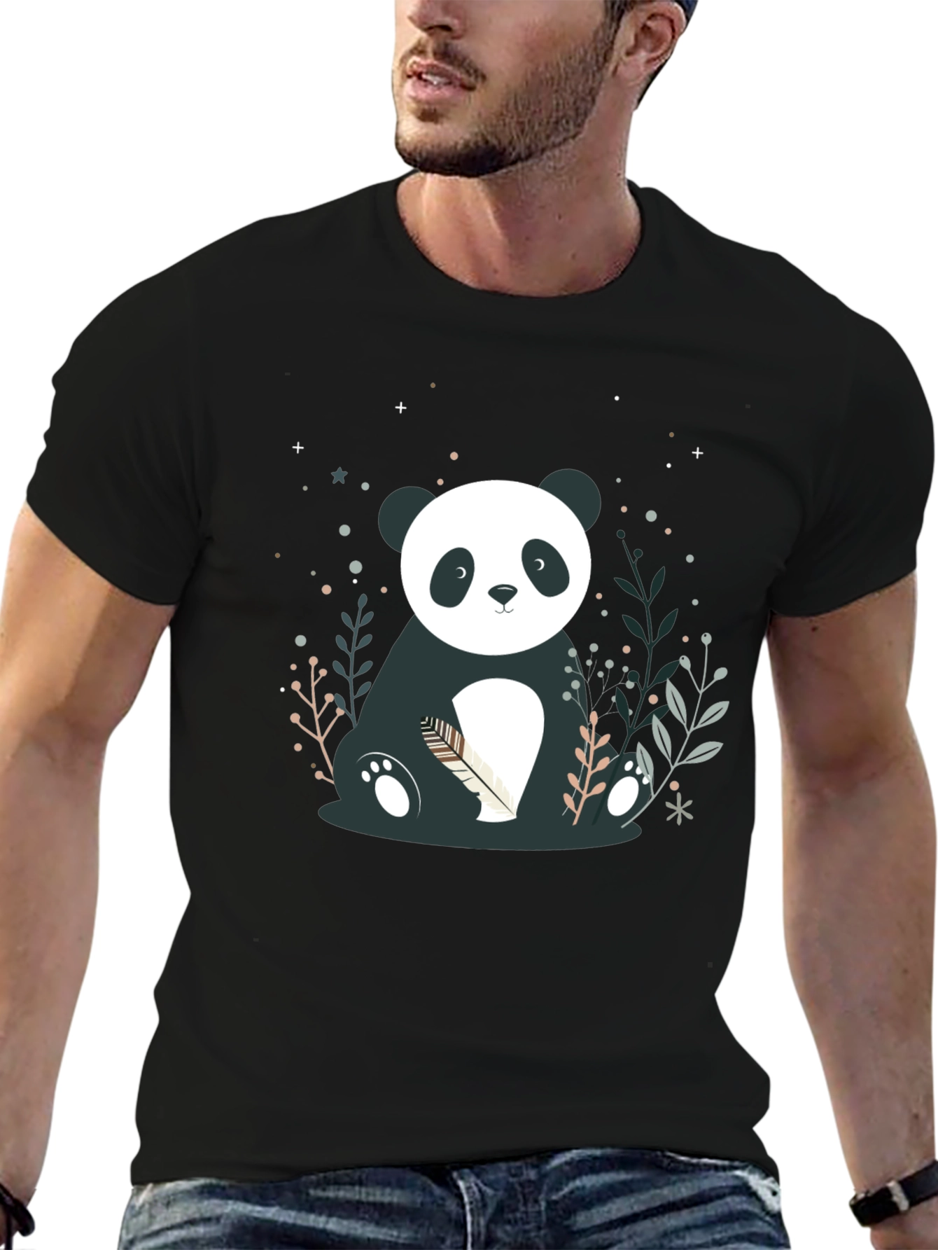 Cute Panda Graphic Print Black T-Shirt