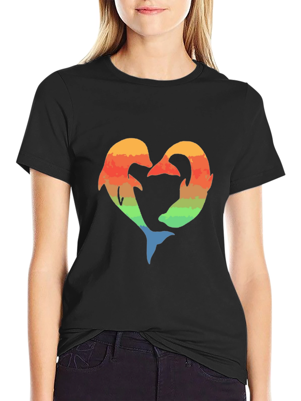 Dolphin Heart Graphic Tee - Black Cotton Blend