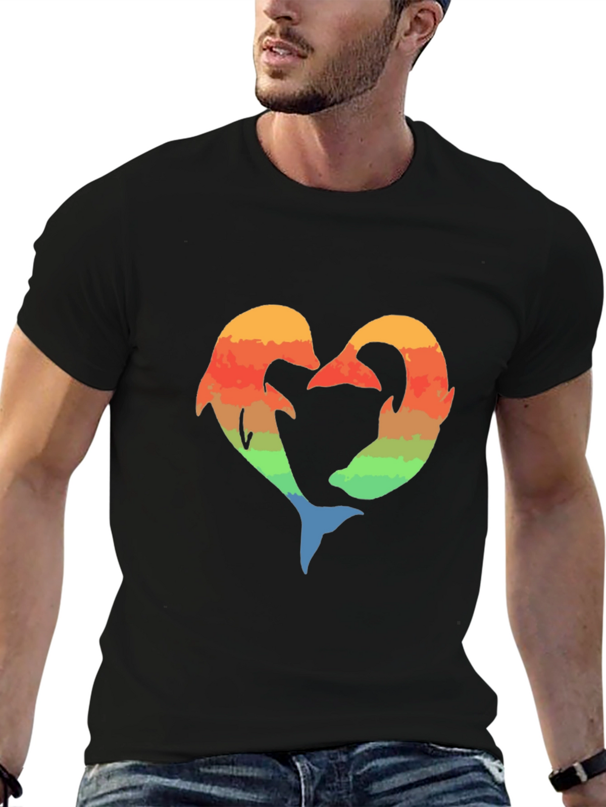 Dolphin Heart Graphic Tee - Black Cotton Blend