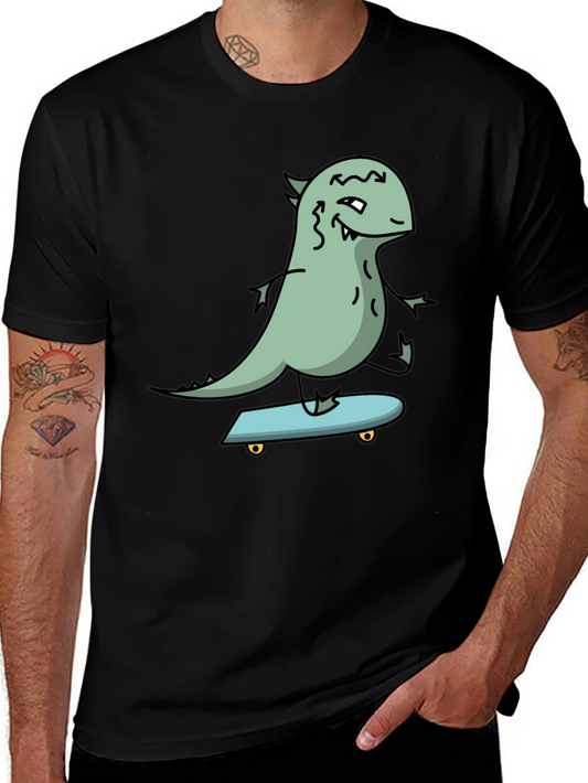 Dino Skateboarder Graphic Tee - Black Cotton T-Shirt