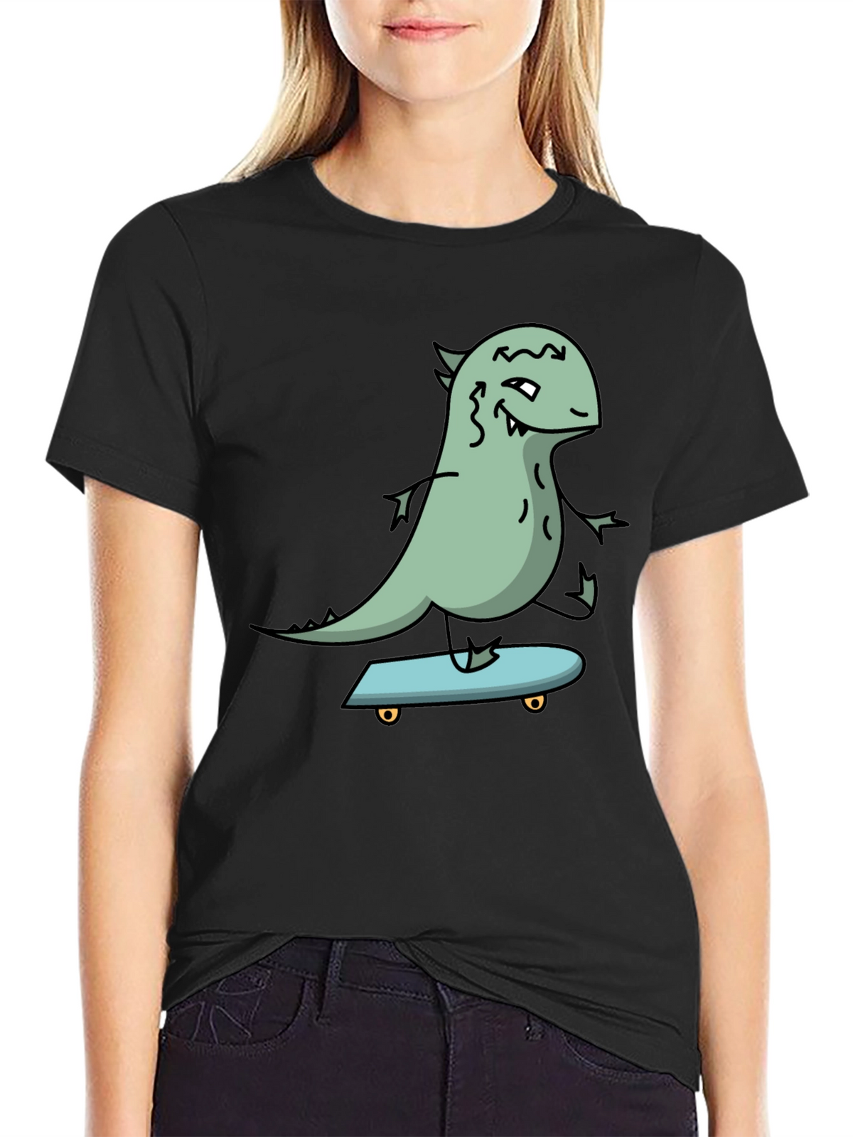 Dino Skateboarder Graphic Tee - Black Cotton T-Shirt