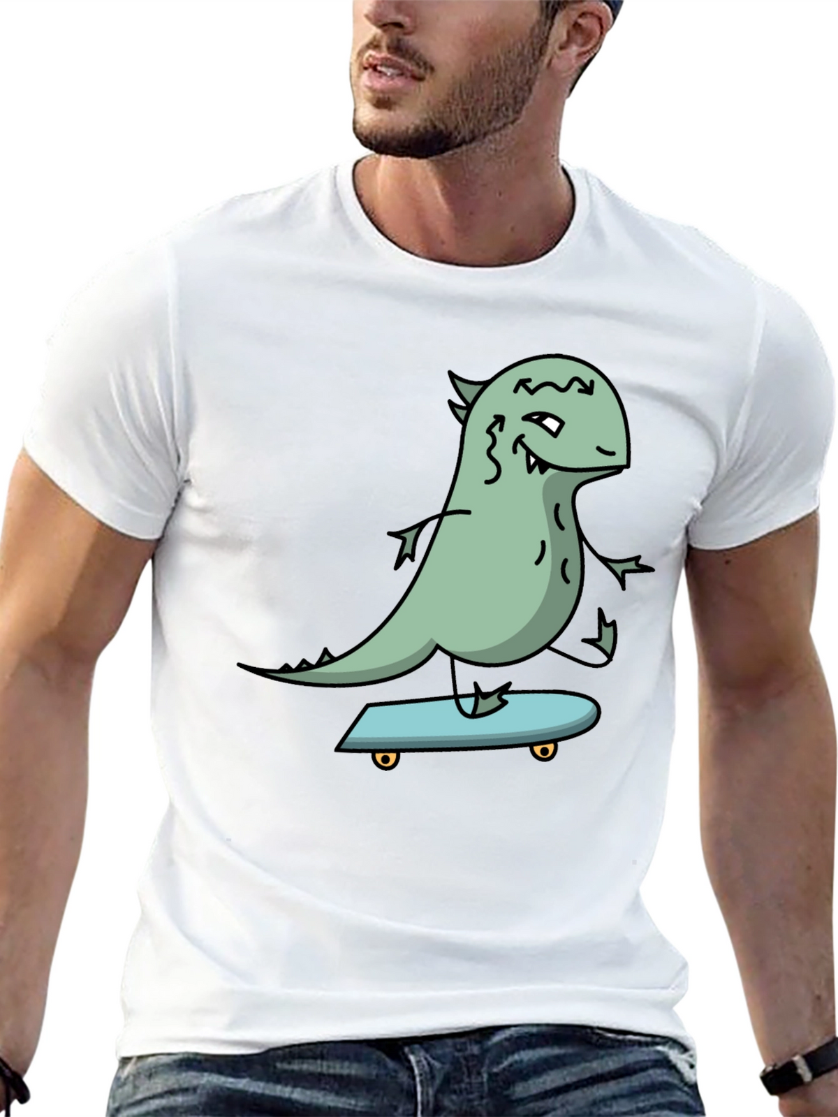 Dino Skateboarder Graphic Tee - Black Cotton T-Shirt