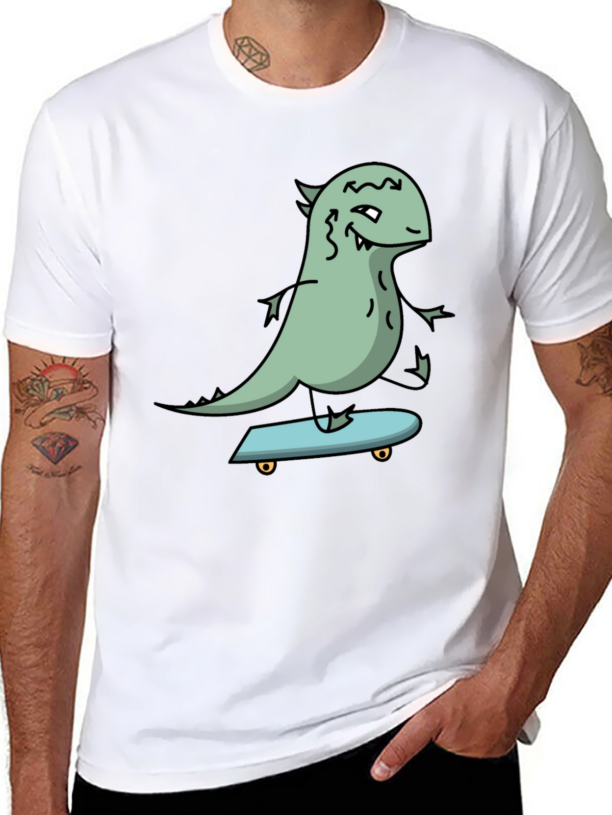 Dino Skateboarder Graphic Tee - Black Cotton T-Shirt