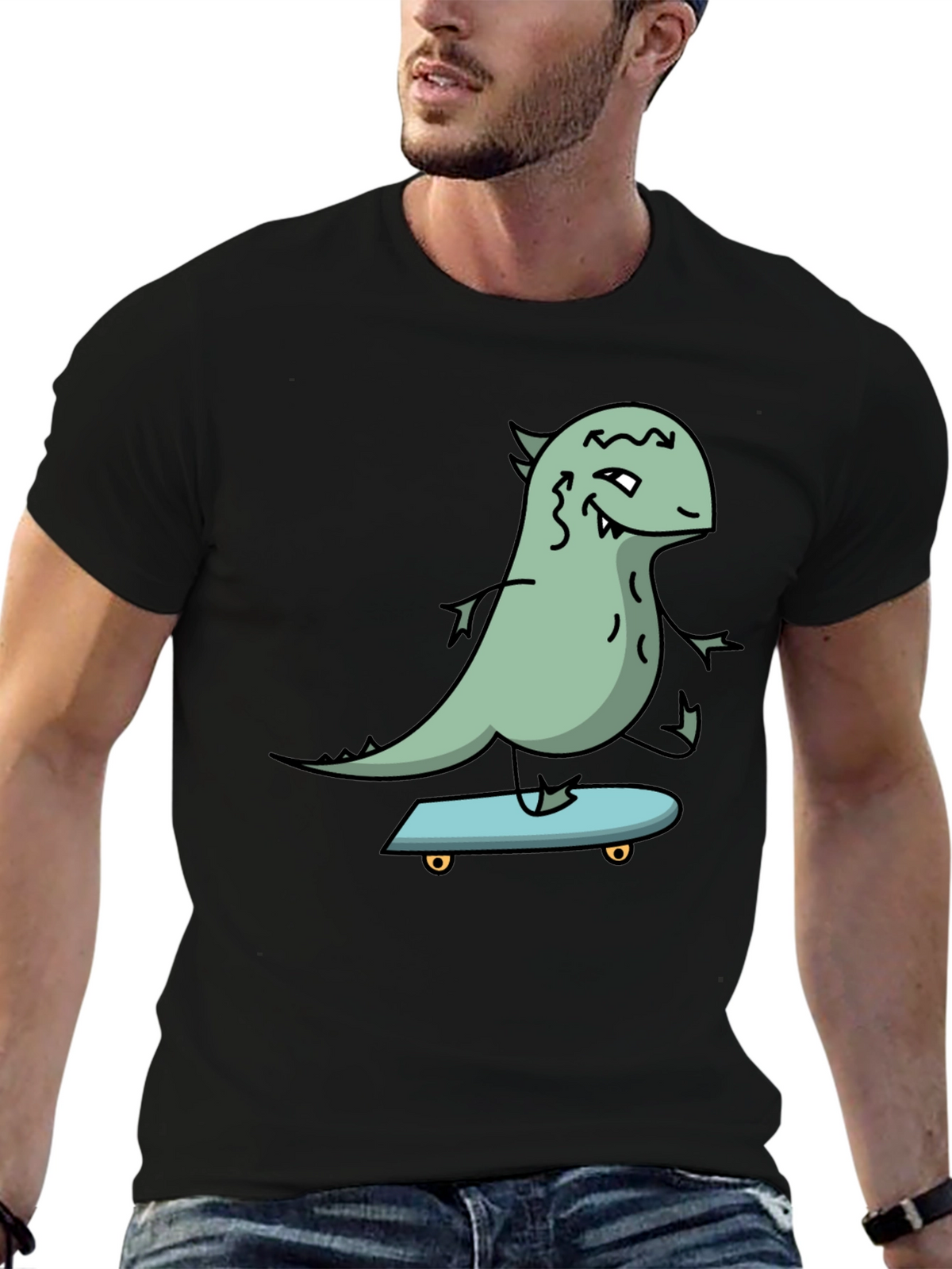 Dino Skateboarder Graphic Tee - Black Cotton T-Shirt