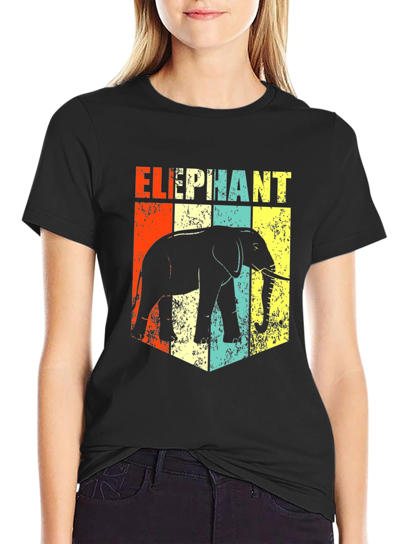 Retro Elephant Graphic Print Black T-Shirt