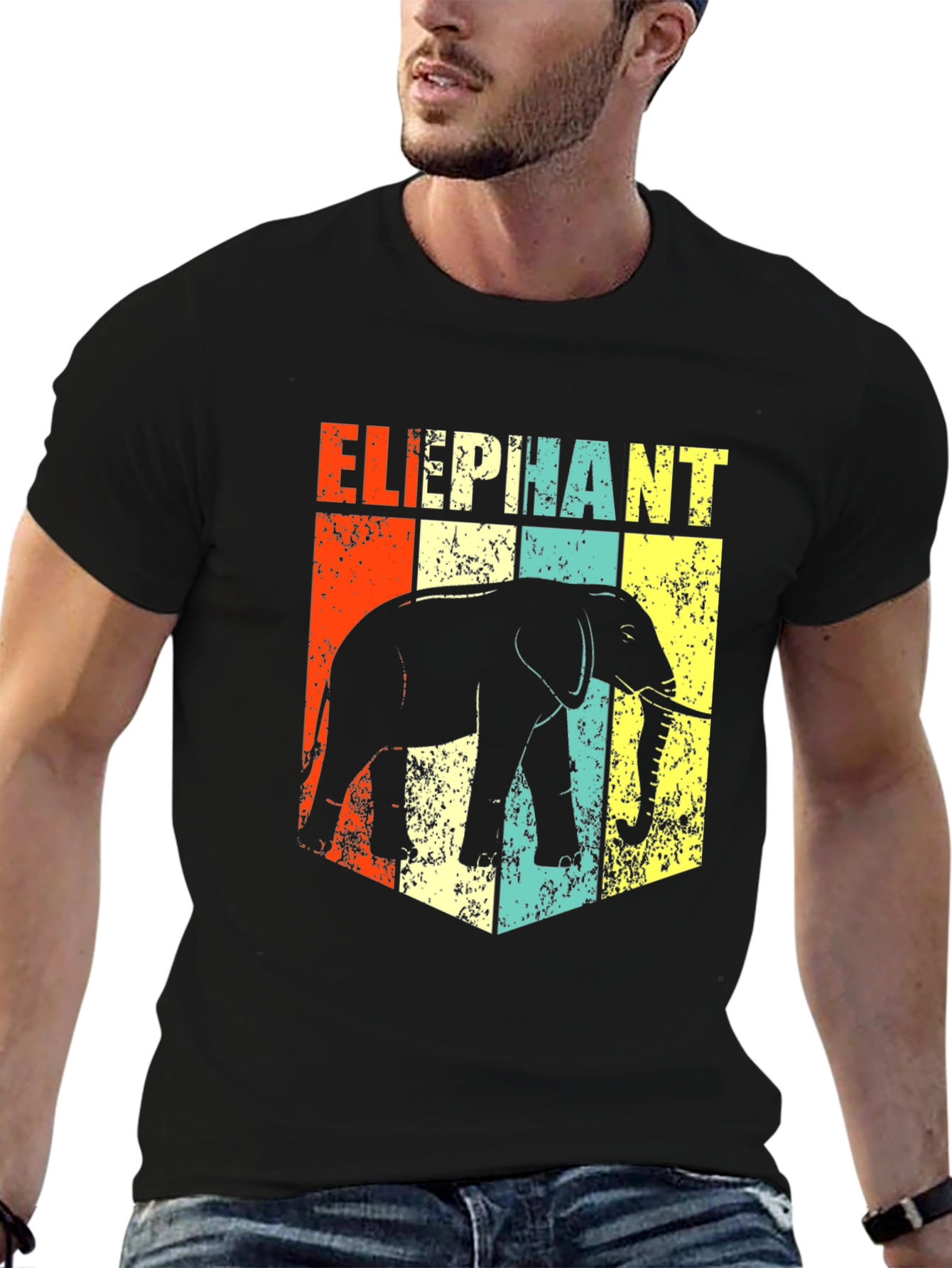 Retro Elephant Graphic Print Black T-Shirt