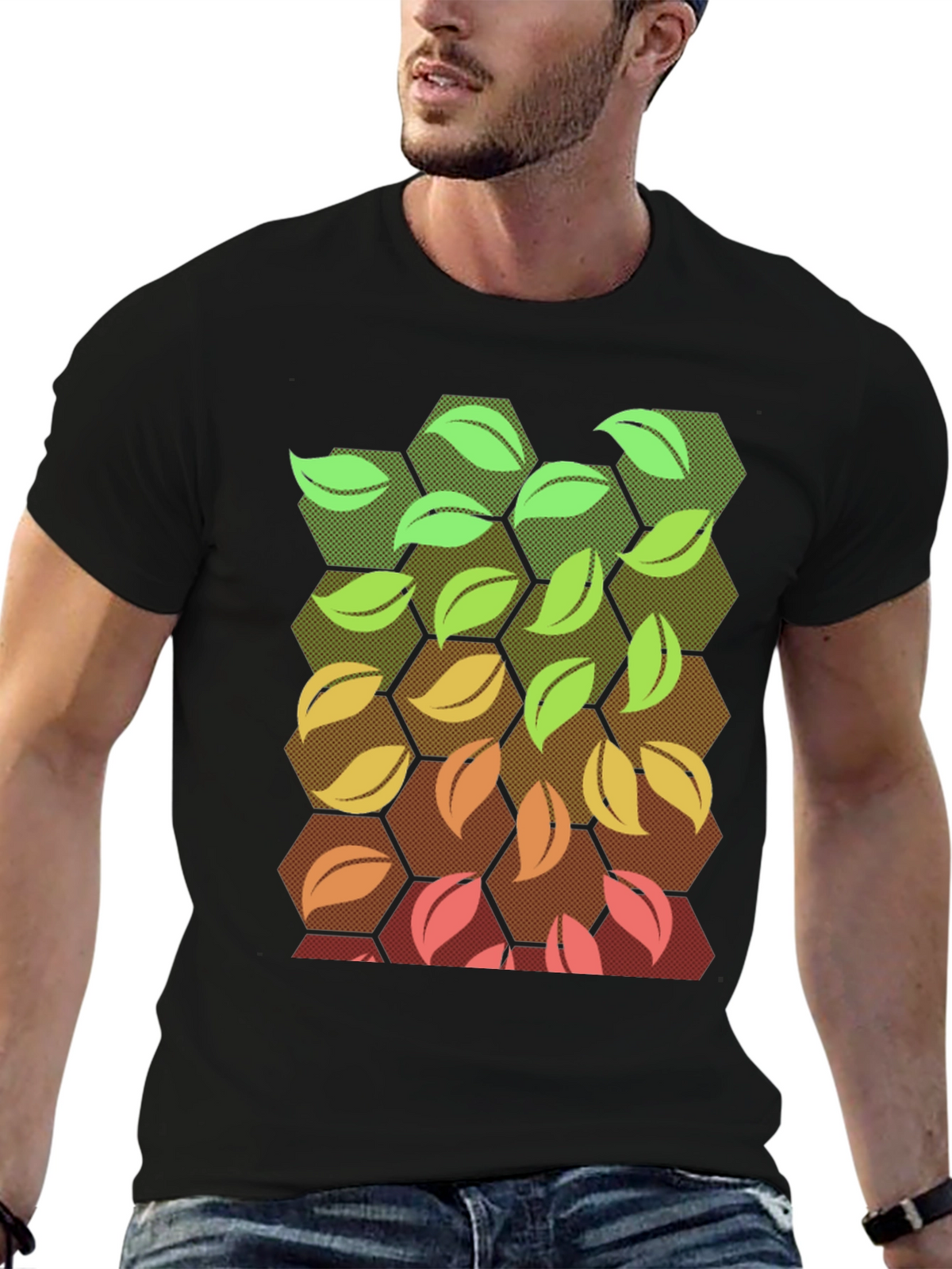 Nature Hexagon Leaf Graphic Tee - Black