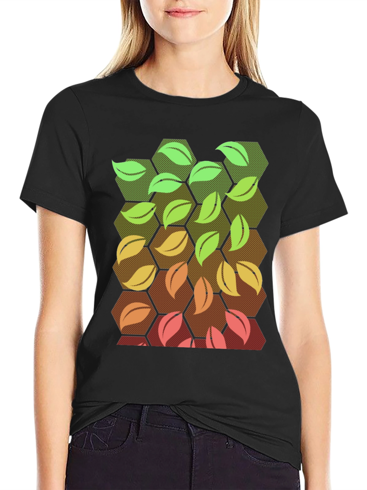 Nature Hexagon Leaf Graphic Tee - Black