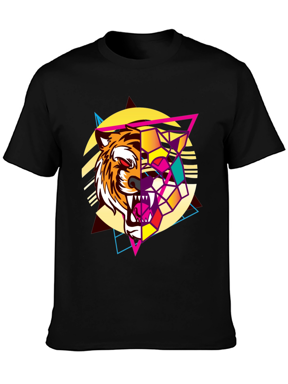Geometric Tiger Graphic Print Black T-Shirt