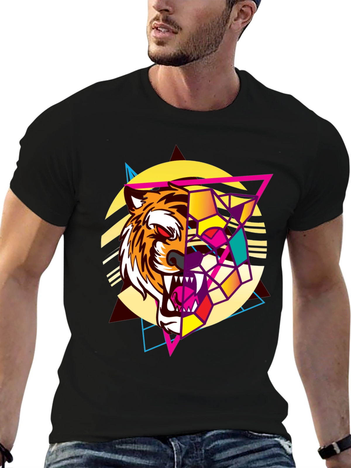 Geometric Tiger Graphic Print Black T-Shirt