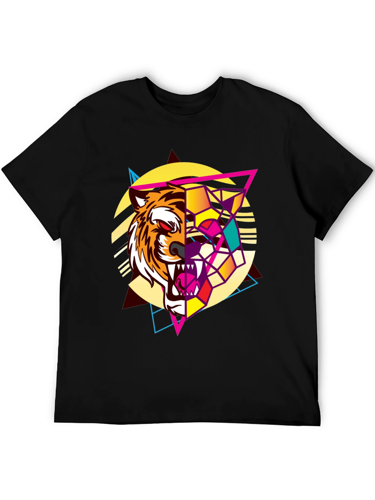 Geometric Tiger Graphic Print Black T-Shirt