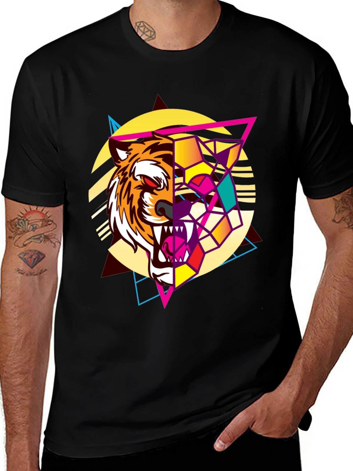 Geometric Tiger Graphic Print Black T-Shirt