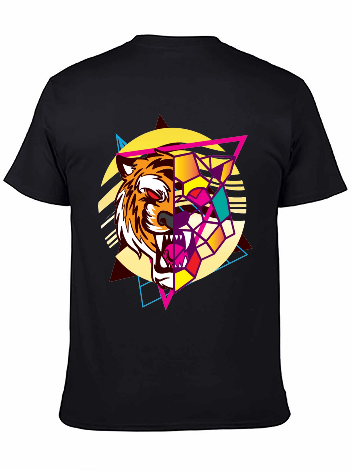 Geometric Tiger Graphic Print Black T-Shirt