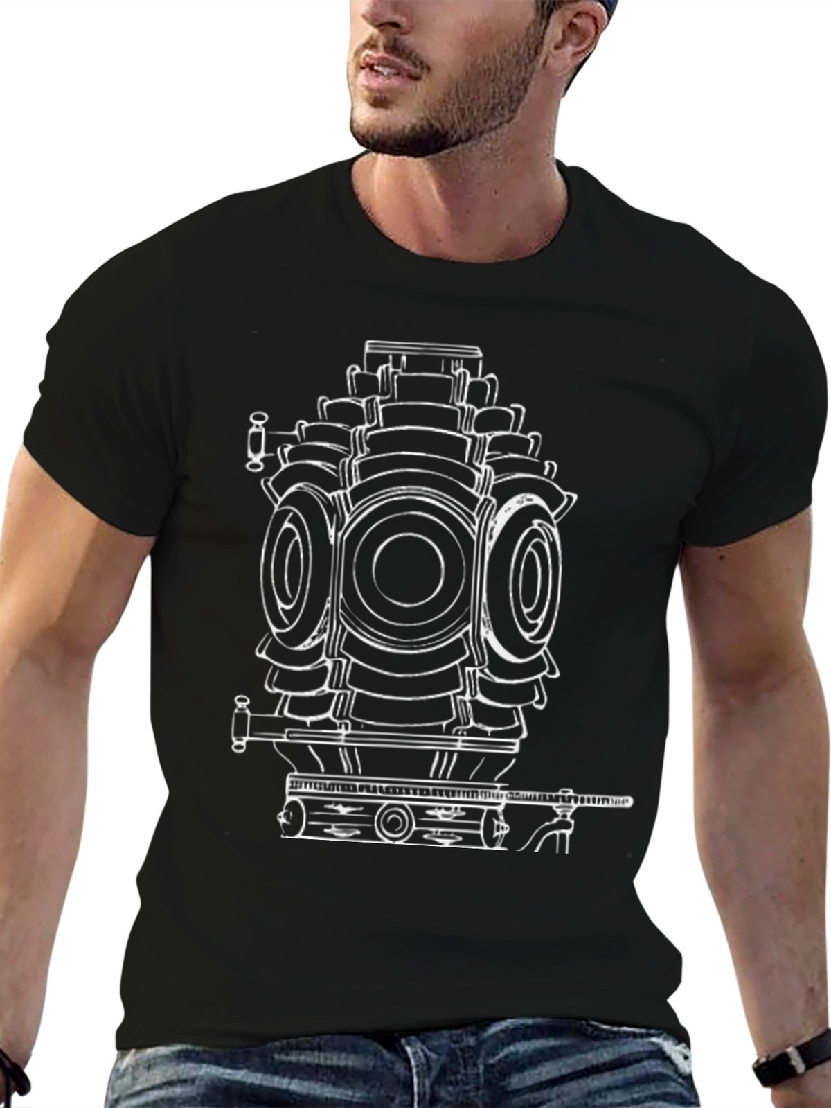 Cool Black T-Shirt with Engine Print
