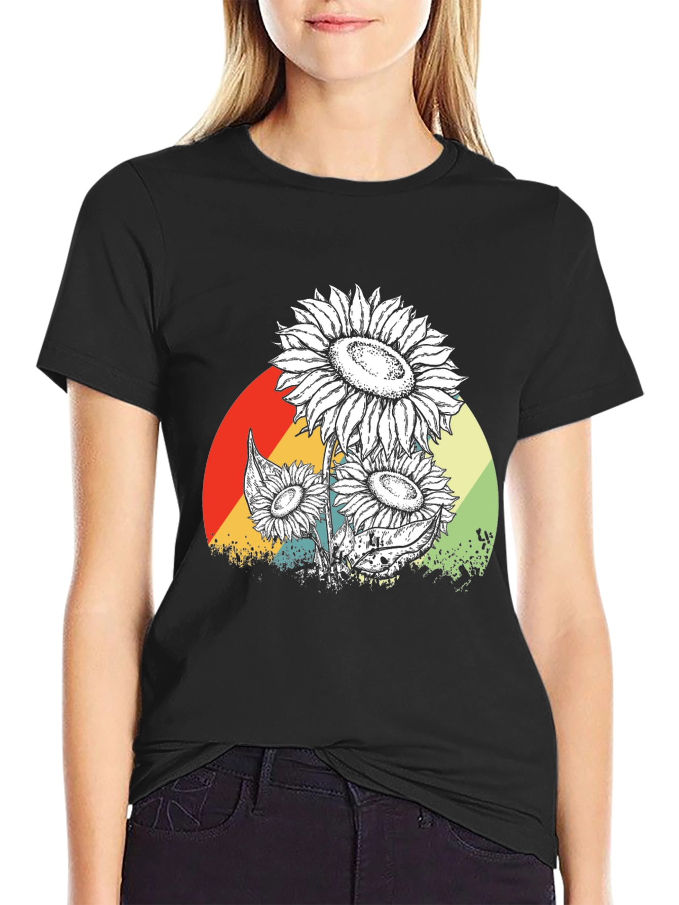 Sunflower Graphic Print Black T-Shirt